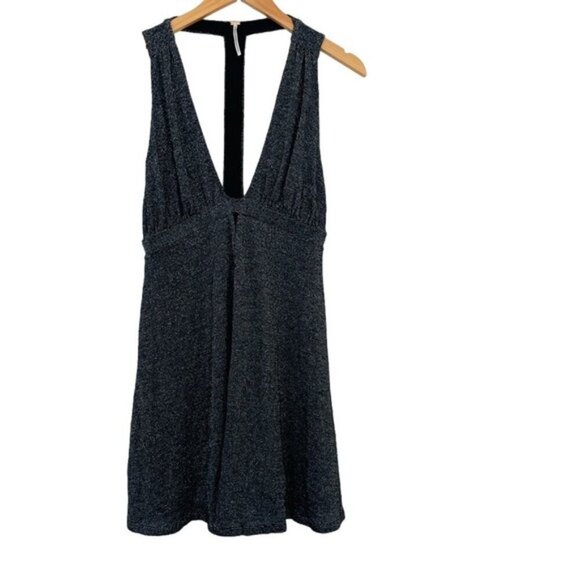 Free People Glittery Deep-V Mini Dress With Strappy Back Design Black & Silver S - Picture 3 of 9